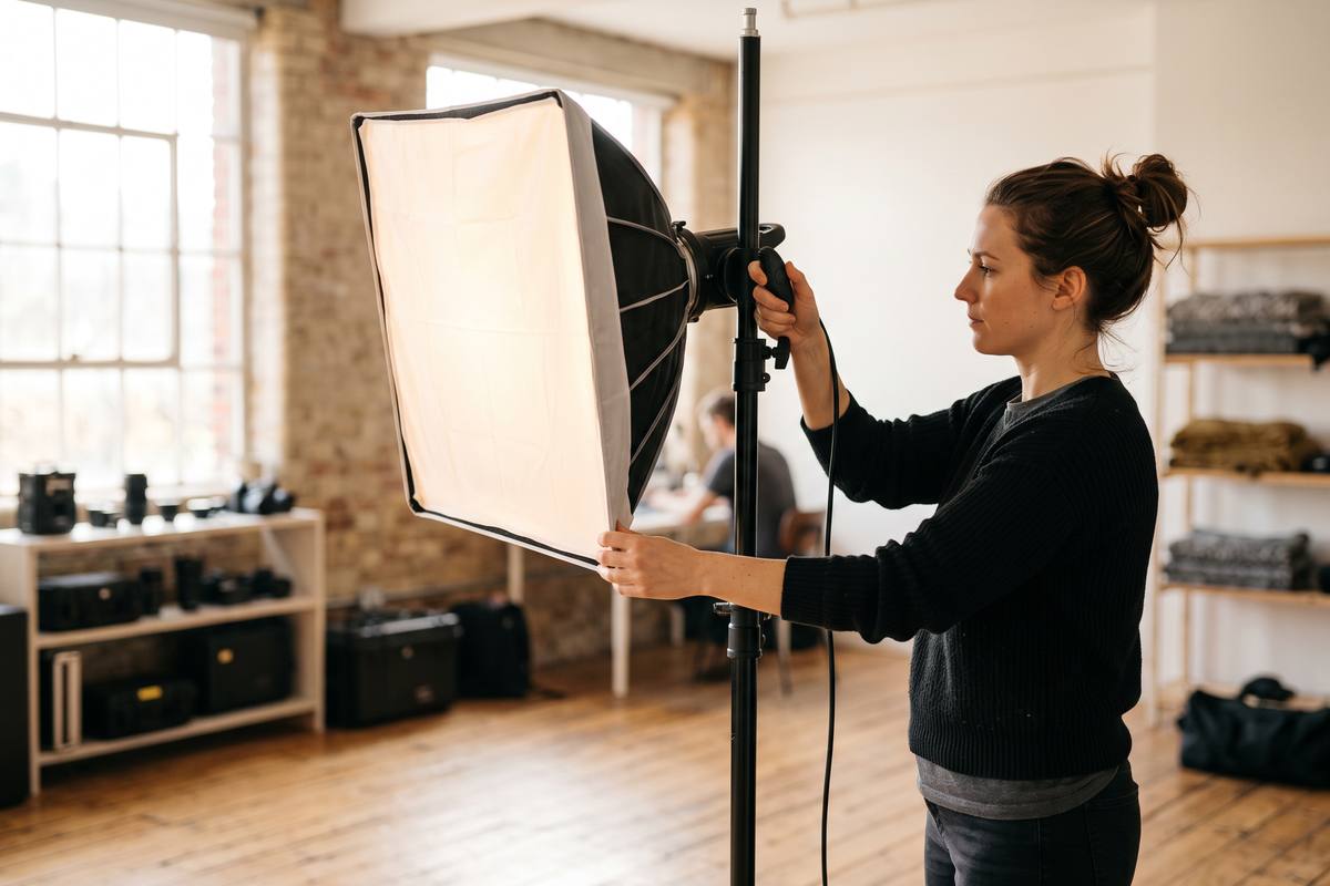Person adjusting a softbox light on a stand
