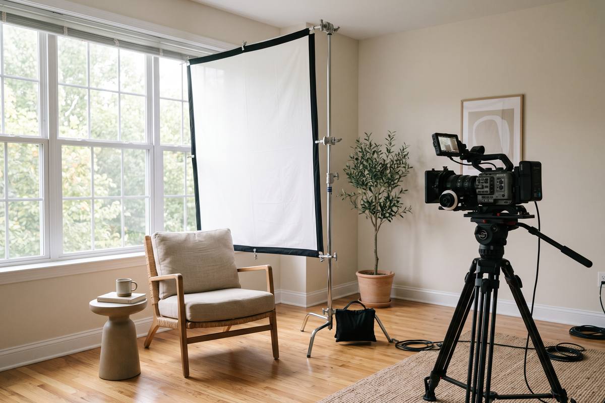 Camera on a tripod filming toward a large window with a diffuser
