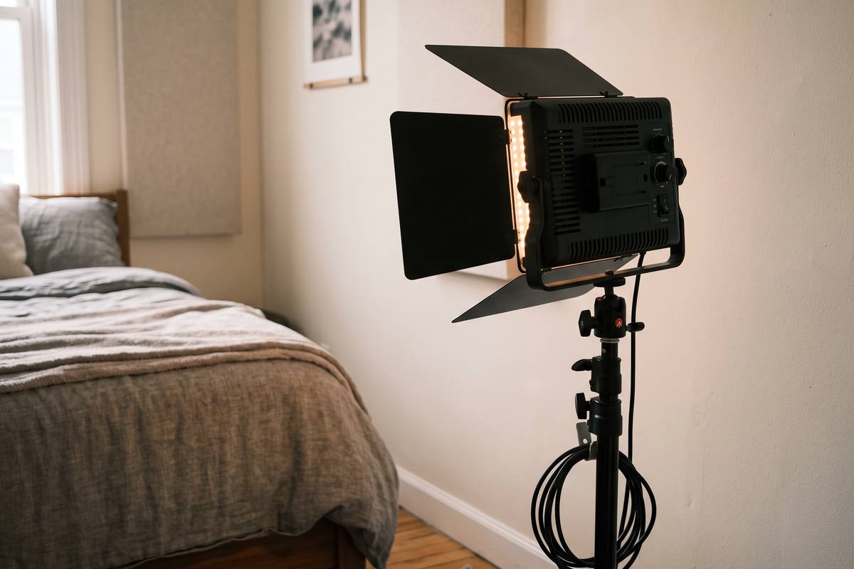 Bi-colour LED panel with barn doors on a light stand in a bedroom