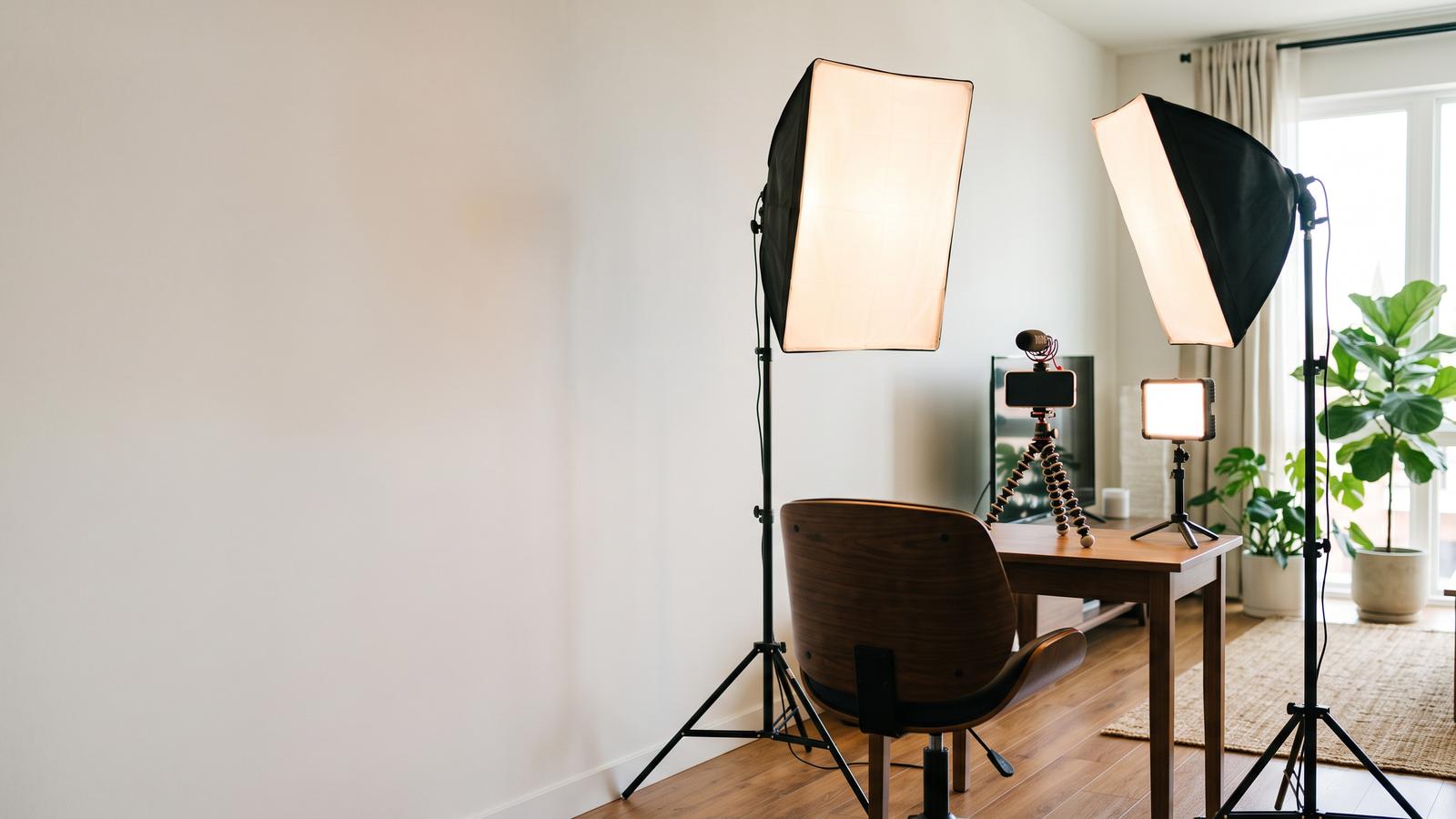 Home filming corner with softbox lights and a phone on a tripod